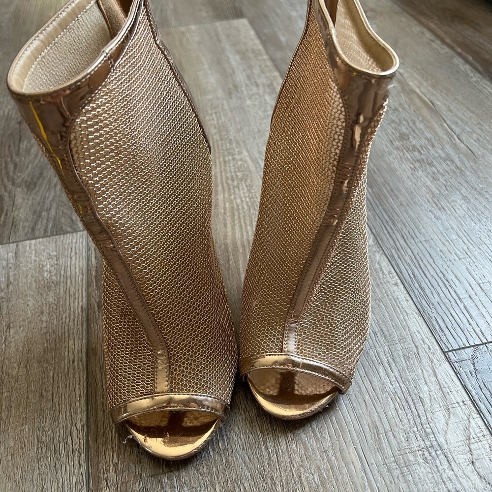 Quince Metallic Gold Mesh Peep-Toe Heeled Booties